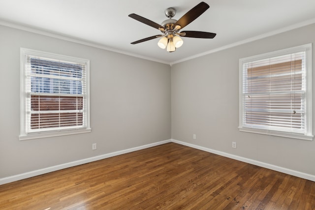 unfurnished room featuring ceiling fan, ornamental molding, and hardwood / wood-style floors