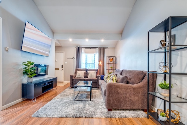 living room with wood-type flooring and vaulted ceiling