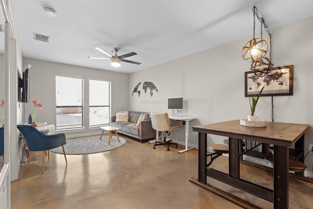 living room with concrete flooring and ceiling fan