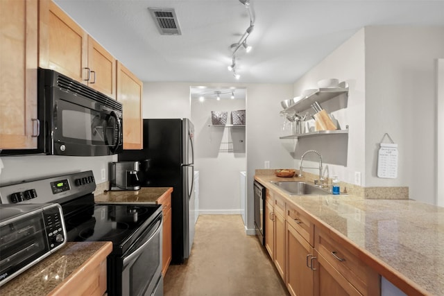 5111 Manett St Unit 103, Dallas, TX 75206 - kitchen with black appliances, a sink, open shelves, tile countertops, and baseboards