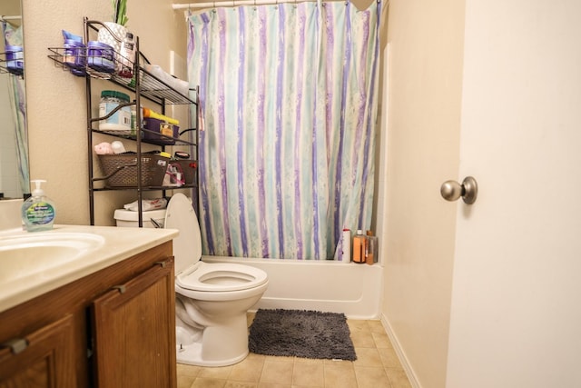 full bathroom featuring toilet, vanity, shower / bath combo, and tile patterned flooring