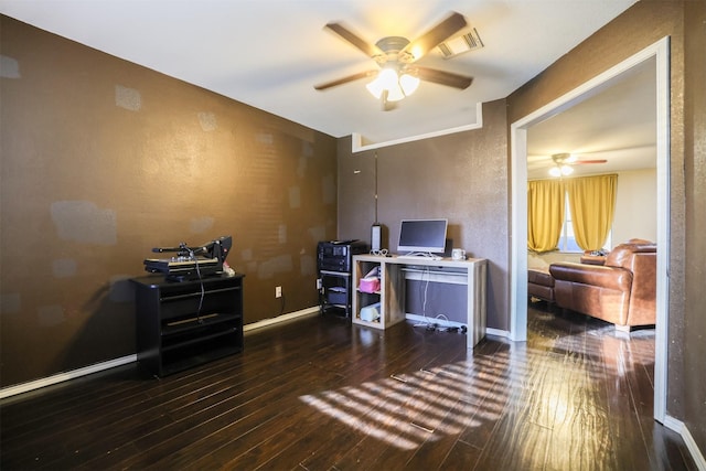 office with ceiling fan and dark hardwood / wood-style flooring