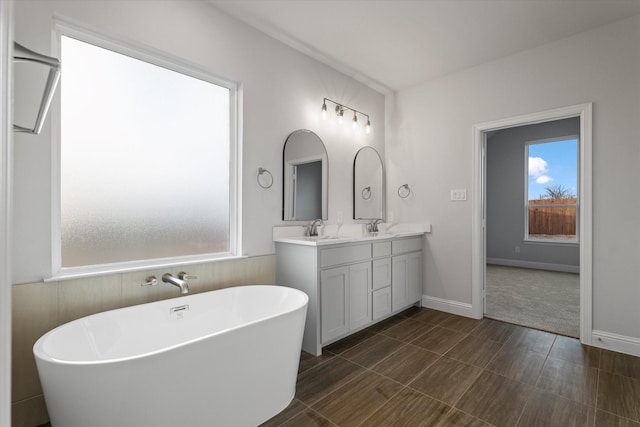 bathroom with a washtub and vanity