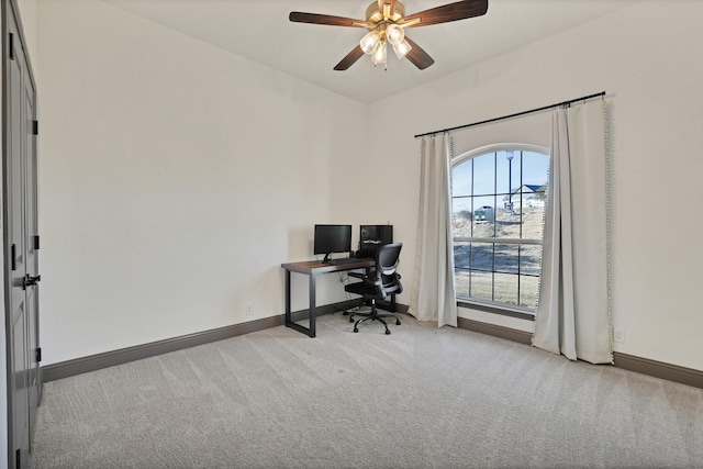 office area with light carpet and ceiling fan