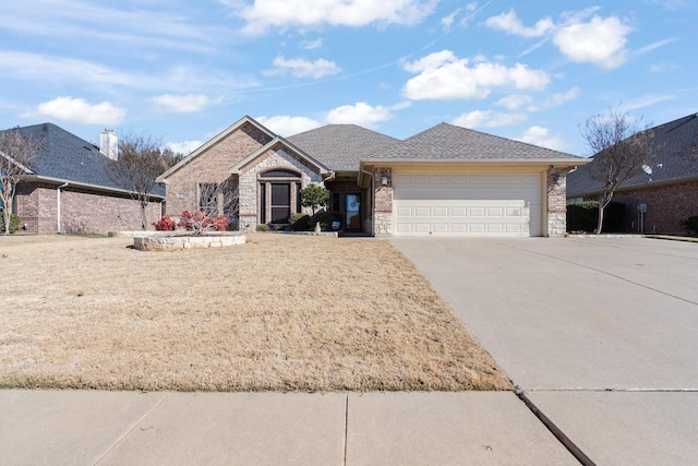 single story home featuring brick siding, roof with shingles, concrete driveway, and an attached garage