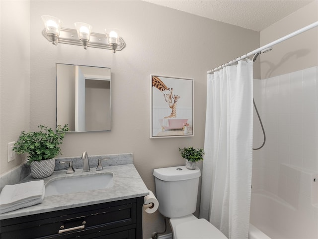 full bathroom with vanity, toilet, shower / bath combination with curtain, and a textured ceiling