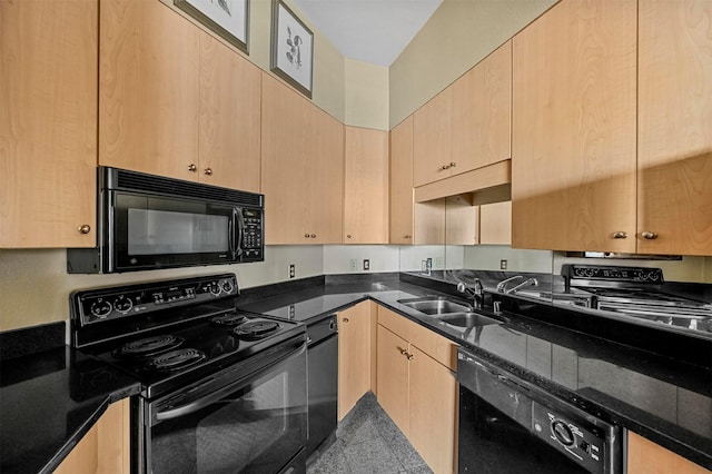 kitchen with black appliances, light brown cabinetry, and sink