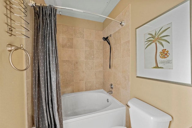 bathroom featuring toilet and shower / tub combo with curtain