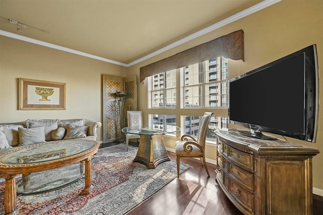 office with wood-type flooring and ornamental molding