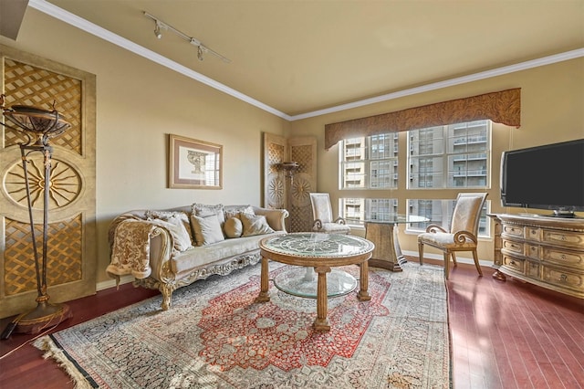 living room featuring rail lighting, a wealth of natural light, and ornamental molding