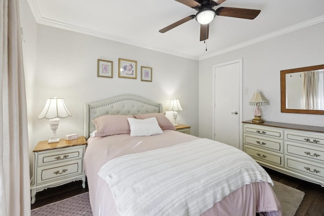 bedroom with dark wood-type flooring, ceiling fan, and ornamental molding