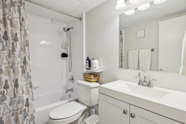 full bathroom featuring toilet, shower / bath combination with curtain, and vanity