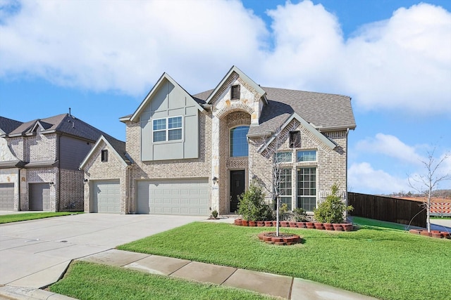 view of front of home with a garage and a front lawn