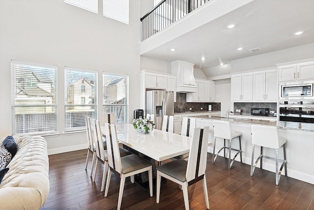 dining space with sink, dark hardwood / wood-style floors, and a towering ceiling