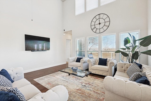 living room featuring a high ceiling and dark hardwood / wood-style floors