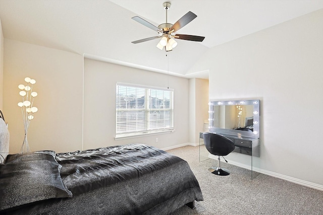 carpeted bedroom featuring ceiling fan and lofted ceiling