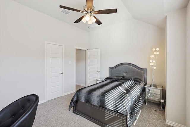 bedroom with ceiling fan, light carpet, and lofted ceiling