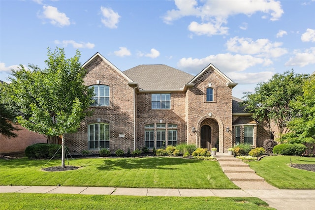 1151 Deer Lake Dr, Frisco, TX 75036 - view of front of house with brick siding, a front lawn, and a shingled roof