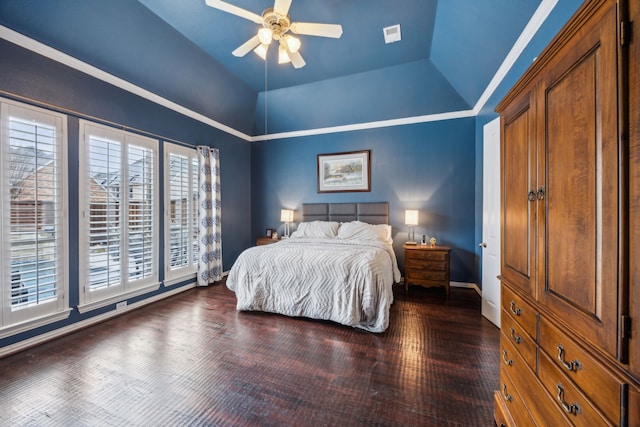 bedroom featuring ceiling fan, vaulted ceiling, and dark hardwood / wood-style flooring