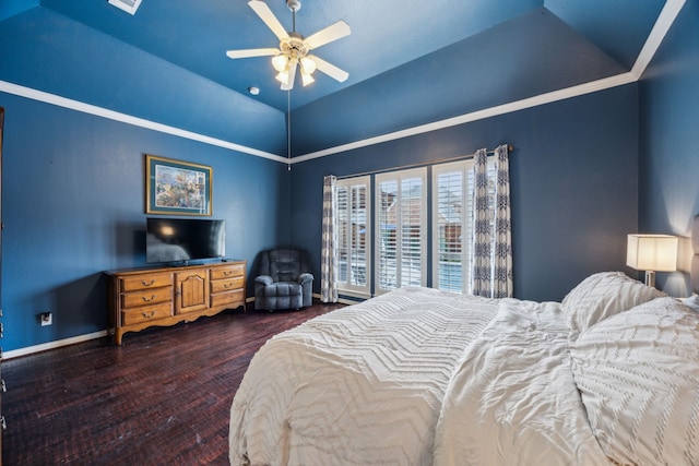 bedroom with ceiling fan, dark hardwood / wood-style floors, and lofted ceiling