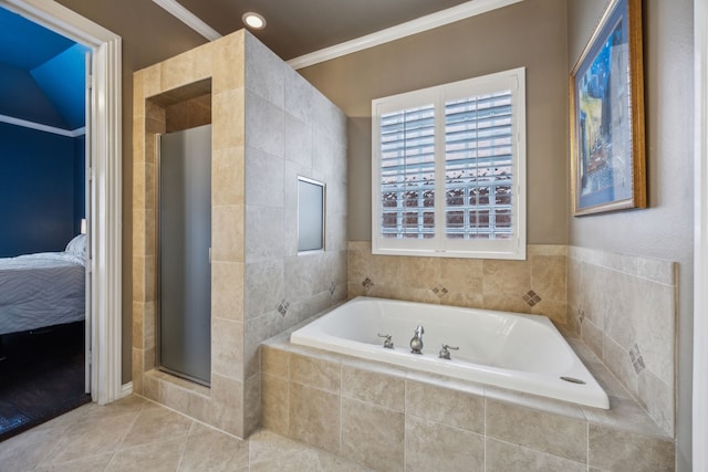 bathroom with ornamental molding, independent shower and bath, and tile patterned flooring