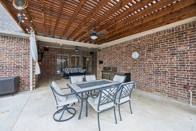 view of patio with ceiling fan, a pergola, and a grill