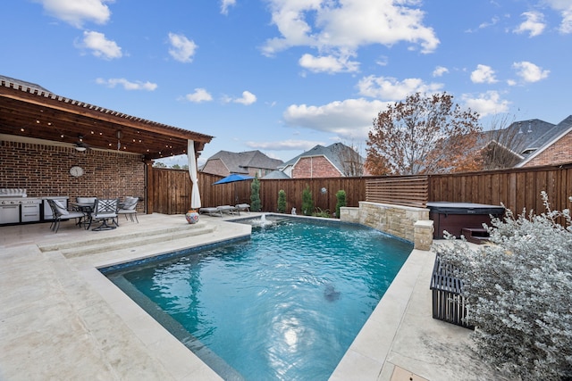 1151 Deer Lake Dr, Frisco, TX 75036 - view of swimming pool with a hot tub, a fenced backyard, a patio area, and a ceiling fan