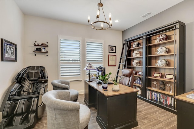 home office with a chandelier