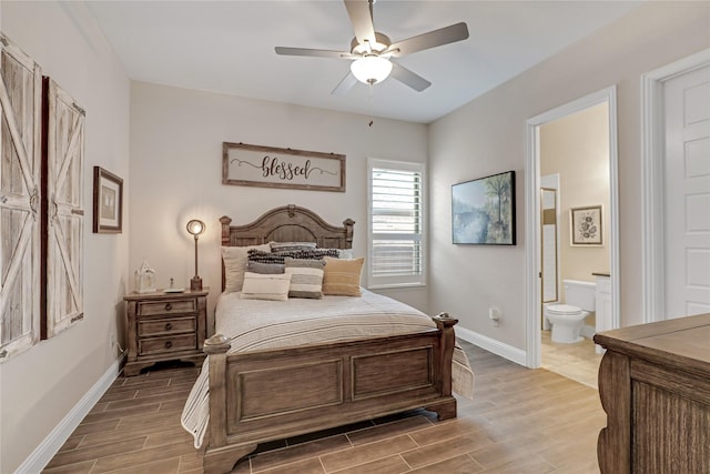 bedroom with ceiling fan and ensuite bathroom