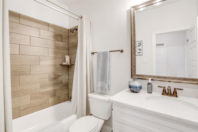 full bathroom with shower / bathtub combination with curtain, vanity, and toilet