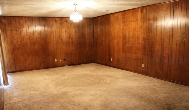 spare room with light colored carpet, a textured ceiling, and wood walls