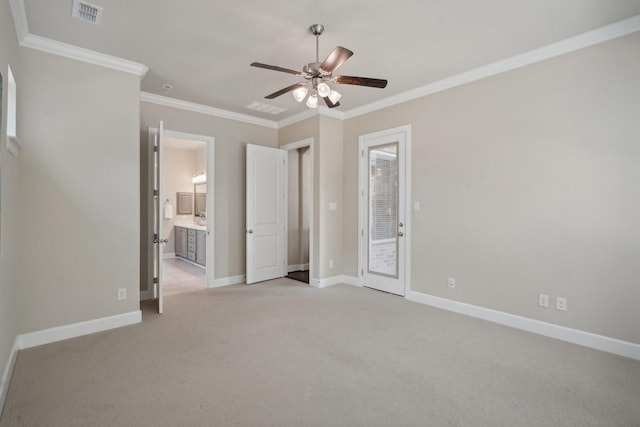 unfurnished bedroom featuring ceiling fan, ornamental molding, light carpet, and ensuite bath