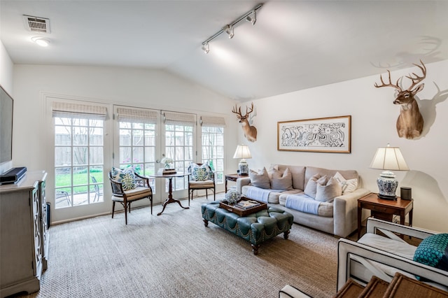 living room featuring track lighting, plenty of natural light, light carpet, and lofted ceiling