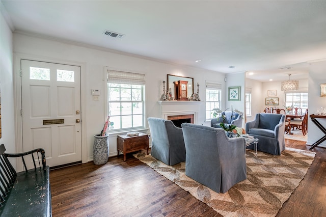 living room featuring crown molding, a wealth of natural light, and dark hardwood / wood-style floors