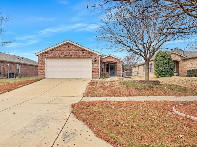 view of front of property with a garage, brick siding, central AC unit, and concrete driveway