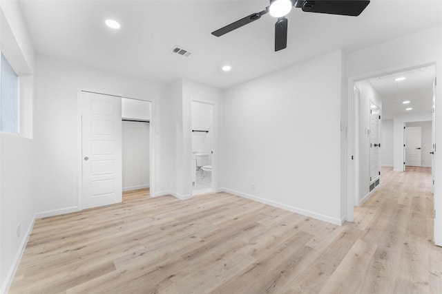 unfurnished bedroom featuring recessed lighting, visible vents, light wood-style flooring, and baseboards