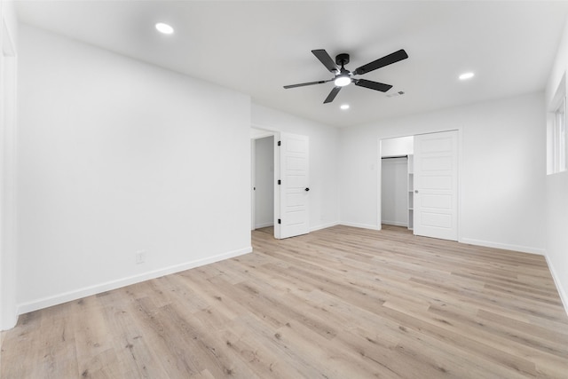 unfurnished bedroom with recessed lighting, visible vents, a ceiling fan, baseboards, and light wood-type flooring