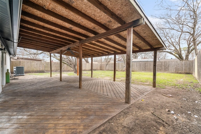 deck featuring central air condition unit and a fenced backyard