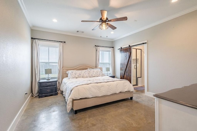 bedroom with crown molding, ceiling fan, and a barn door