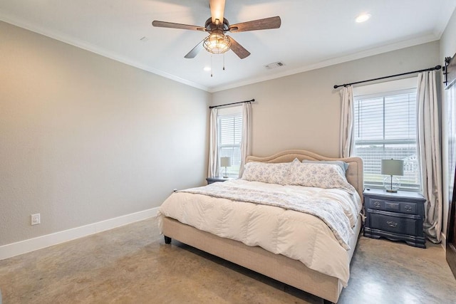 bedroom with ceiling fan and ornamental molding