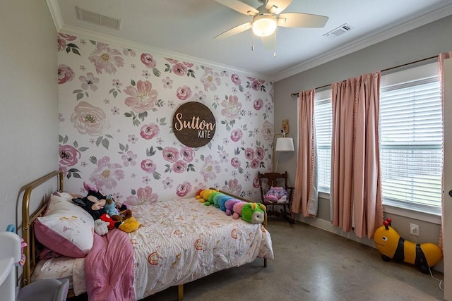 bedroom featuring crown molding and ceiling fan