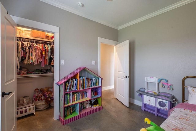 bedroom with a closet and crown molding