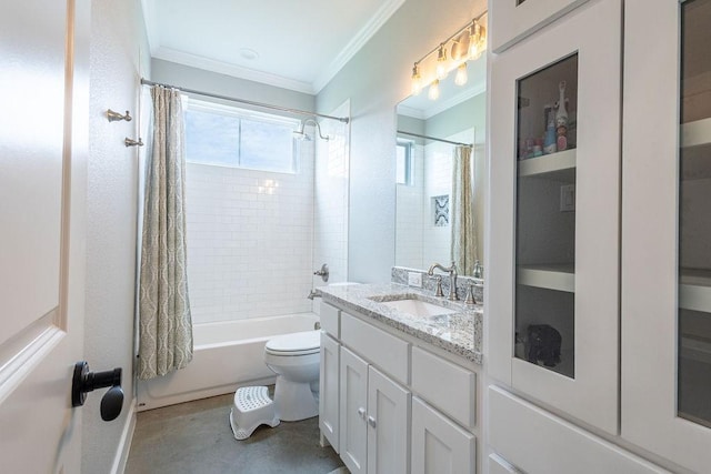 full bathroom with toilet, vanity, crown molding, and shower / bath combination with curtain