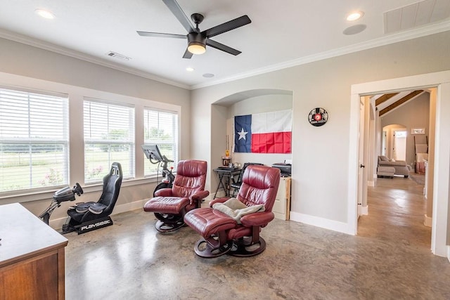 sitting room featuring ceiling fan, vaulted ceiling, crown molding, and concrete flooring