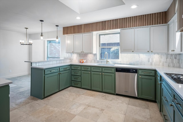 kitchen with green cabinetry, dishwasher, sink, and white cabinets