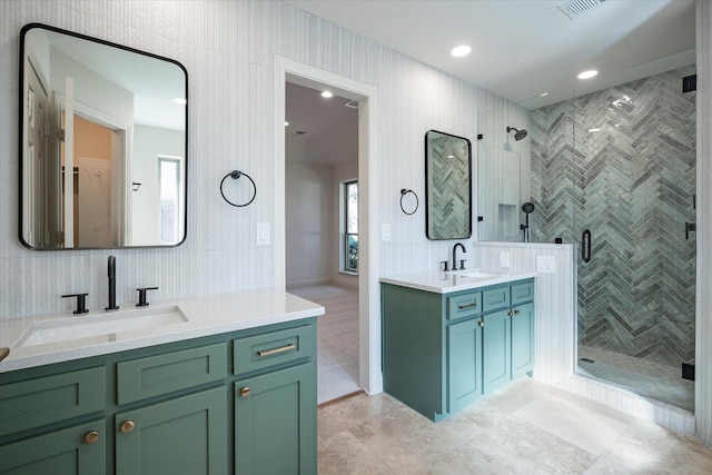 bathroom featuring vanity, tile walls, an enclosed shower, and decorative backsplash