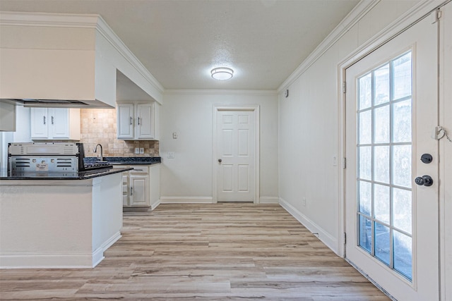 kitchen featuring light wood-type flooring, white cabinetry, ornamental molding, and decorative backsplash