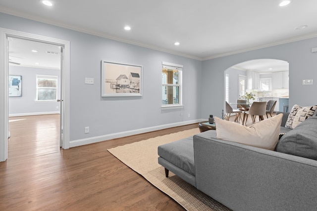 living room featuring light hardwood / wood-style floors and ornamental molding