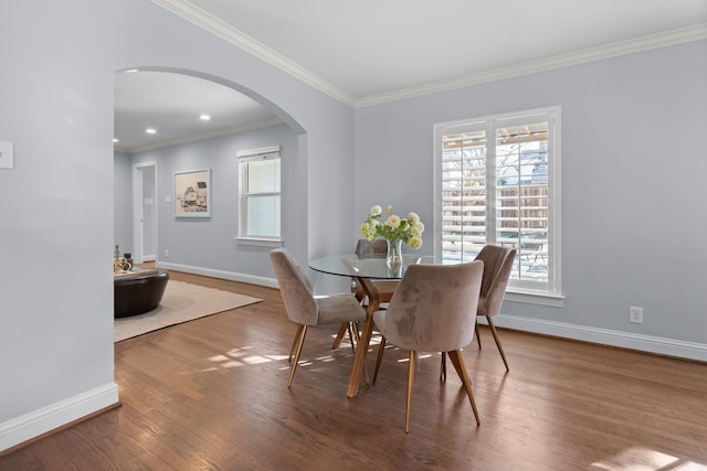 dining room with crown molding, plenty of natural light, and hardwood / wood-style flooring