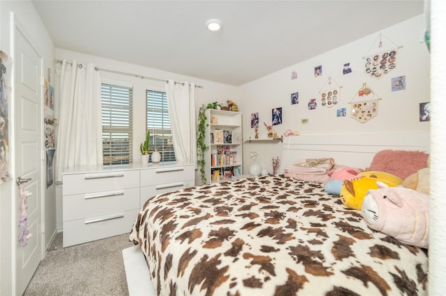 bedroom with light carpet